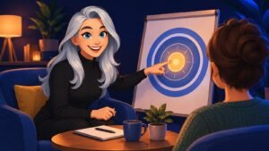 Alexandra, coach aux longs cheveux gris, désigne en souriant le centre lumineux d'une cible dessinée sur un paperboard, face à une personne coachée vue de dos, dans un salon chaleureux