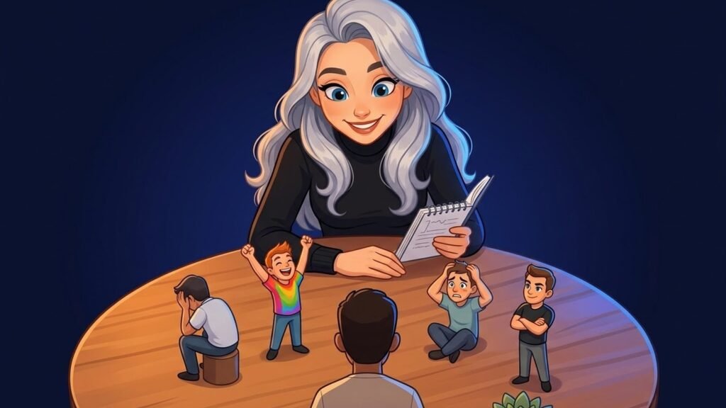 Alexandra, coach aux longs cheveux gris, carnet en main, observe sur une table ronde des figurines représentant l'entourage d'une personne coachée : l'une abattue, l'une enthousiaste, l'une inquiète, l'une bras croisés