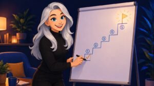 Alexandra, coach aux longs cheveux gris, coche la première marche d'un escalier en cinq étapes dessiné sur un paperboard, menant à un drapeau lumineux