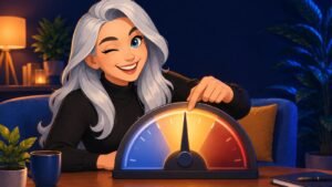 Alexandra, coach aux longs cheveux gris, fait un clin d'œil en réglant l'aiguille d'une jauge sur la zone centrale ambrée, entre une zone bleue et une zone rouge