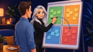 Alexandra, coach aux longs cheveux gris, trace une flèche entre deux cases d'un tableau en quatre quadrants couverts de post-it colorés, aux côtés d'une personne coachée